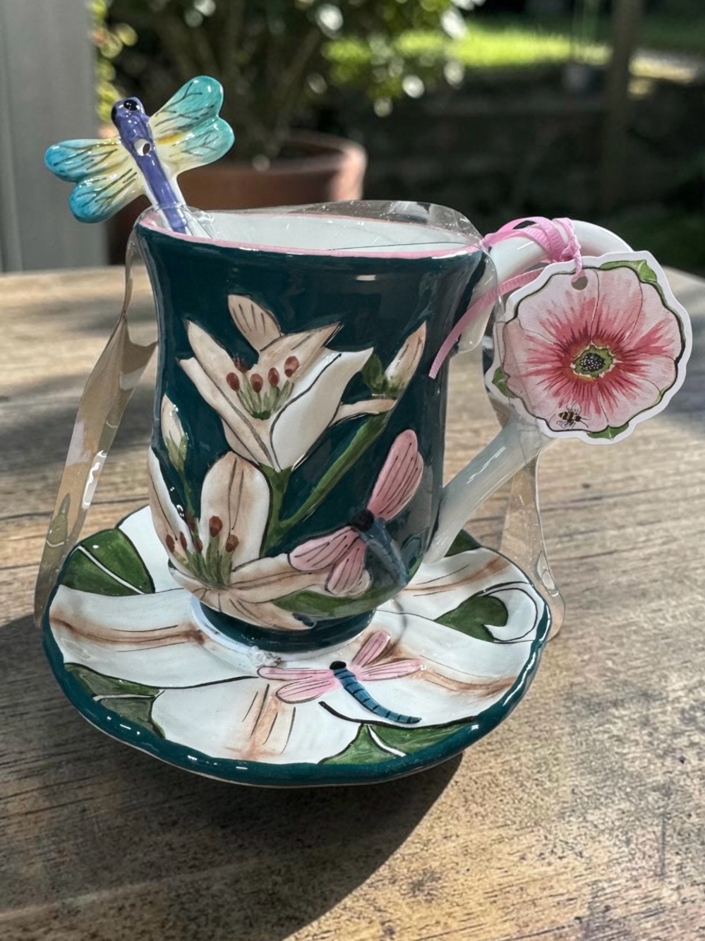 Blue Sky Hand-Painted Teacup & Saucer with Dragonfly Motifs - Evergreen & Pink